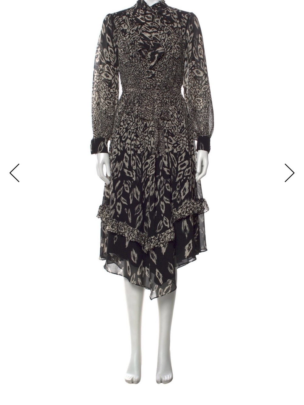 Mikael Aghal Black and Cream High-Low Printed Midi Dress